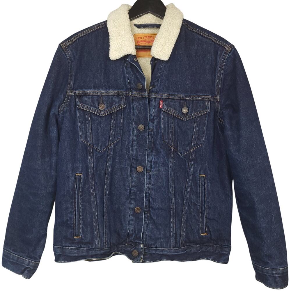 Vintage Levi's Men's Sherpa Lined Denim Trucker Jacket M Dark Wash Blue EUC - Picture 2 of 11
